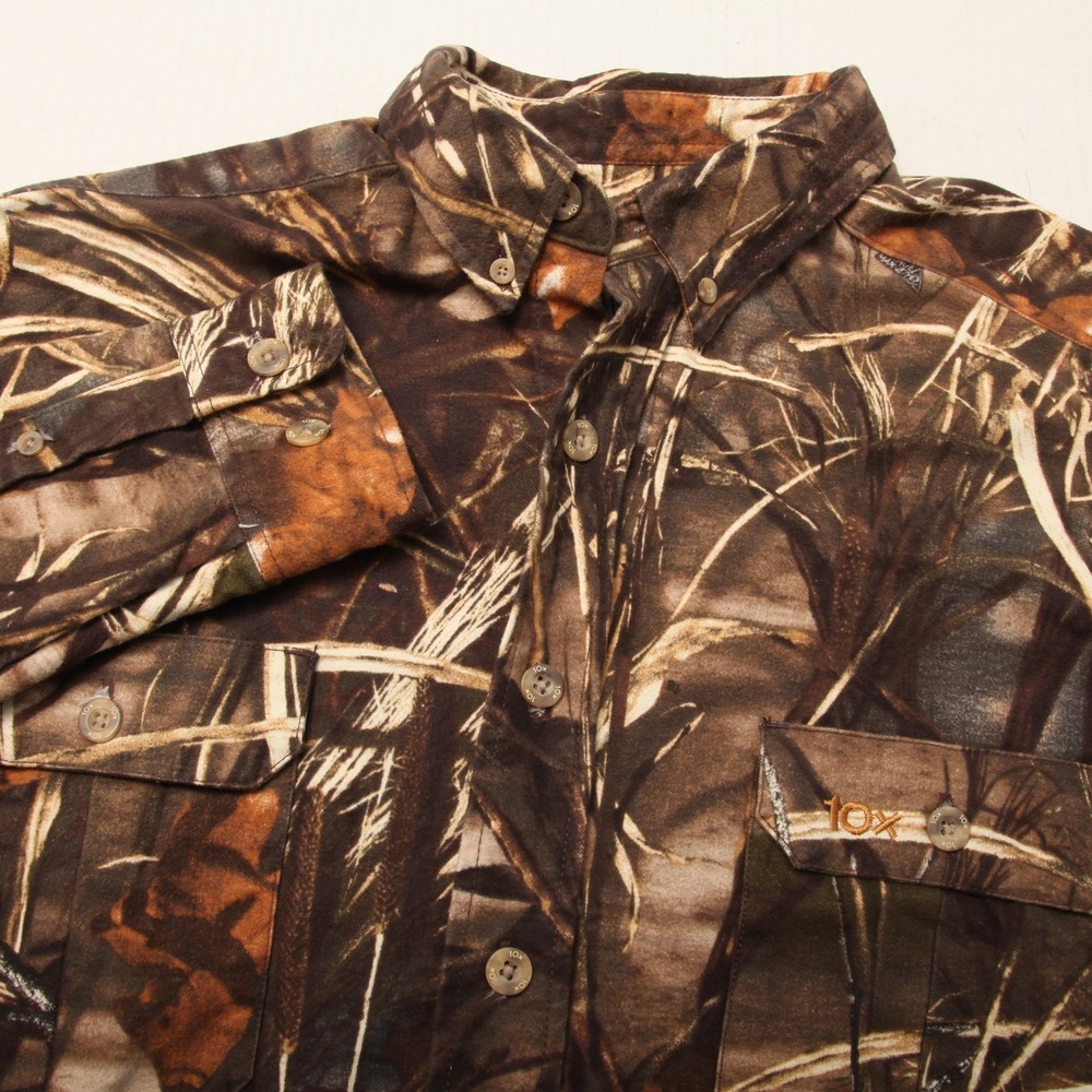 10X Shirt Mens Large Brown Advantage Max-4 Camo Hunting Button Front Cotton